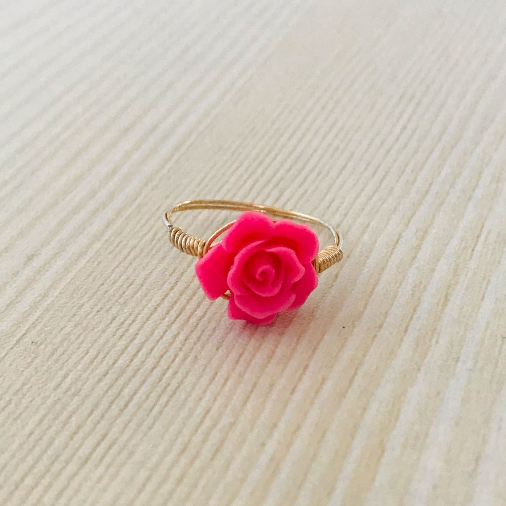 handmade gold and pink flower rose ring